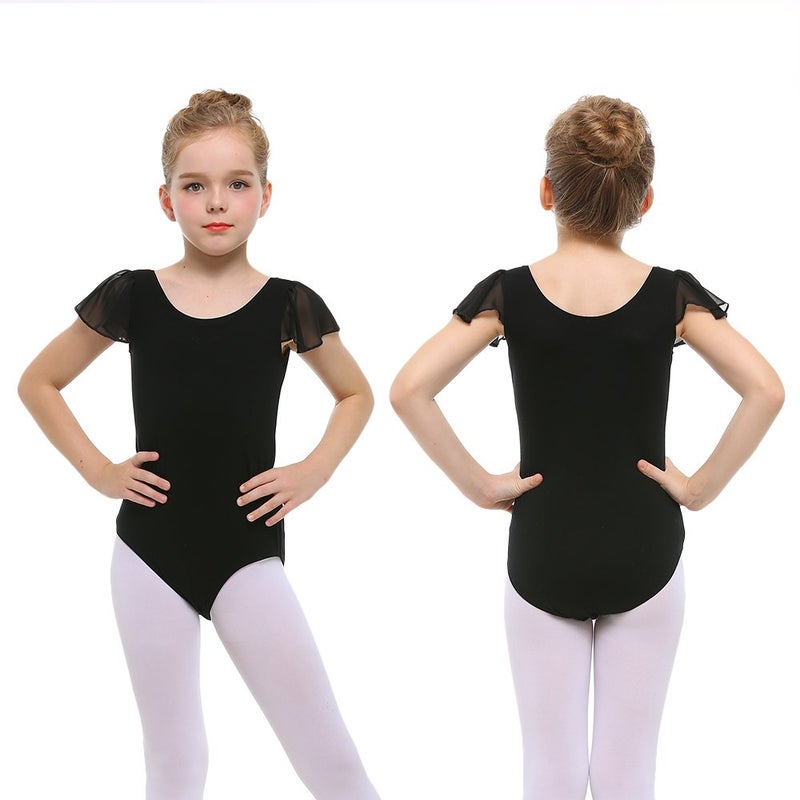Stelle Girls Leotards Black Ballet Dance Leotards Ruffle Short Sleeve Gymnastics Outfits(Toddler/Little Kid/Big Kid) (Black, 110) - Image 2